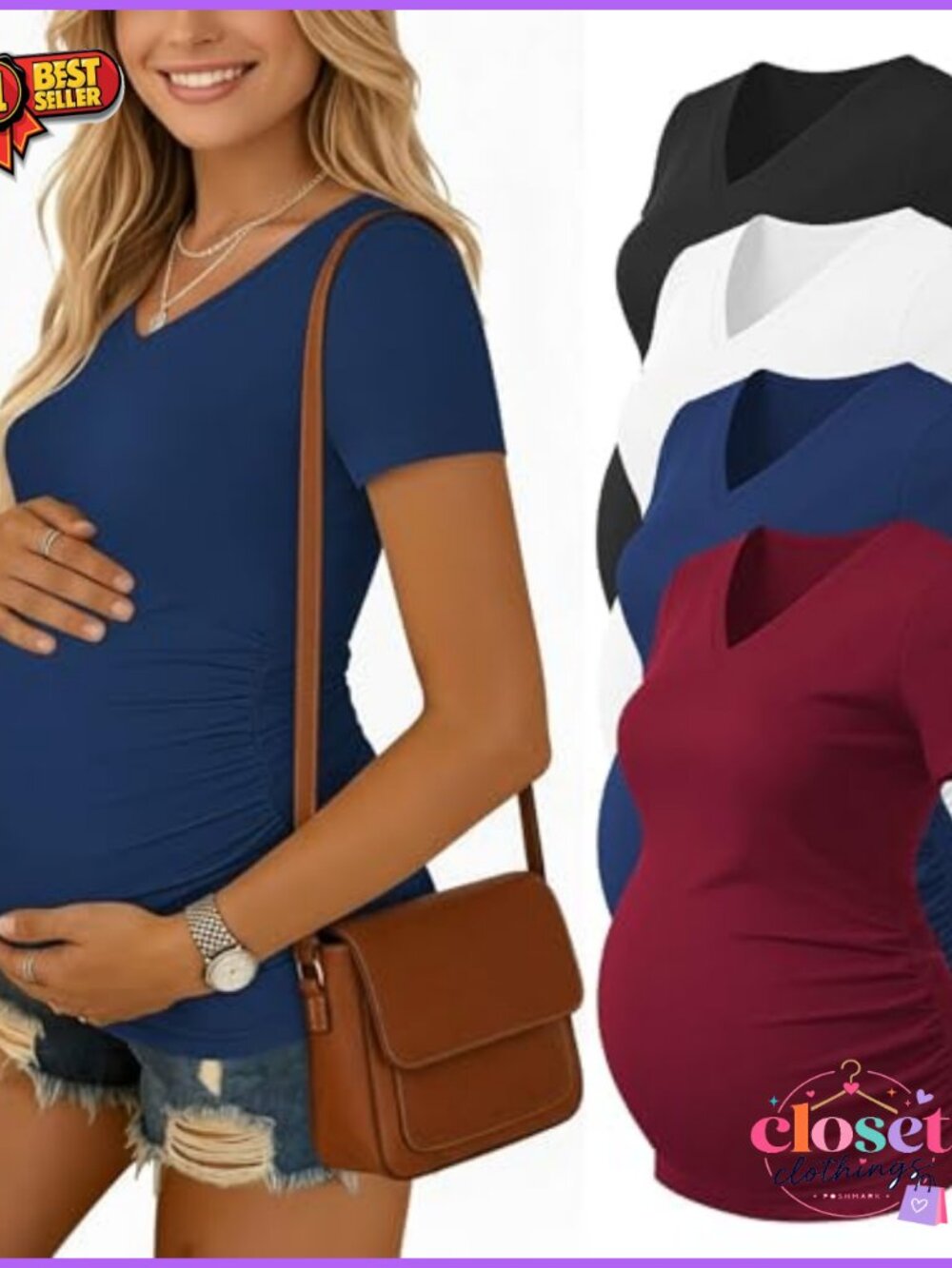 5-Pack Maternity V-Neck T-Shirts Short Sleeve Summer Pregnancy Tops Size Small